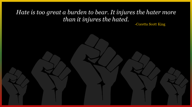 Black history power fists in foreground with gradient border and centered quote above, set against a solid black backdrop.