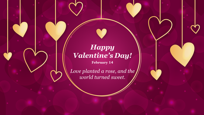 Valentine's day greeting with golden hanging hearts and a circular frame on a deep magenta background.