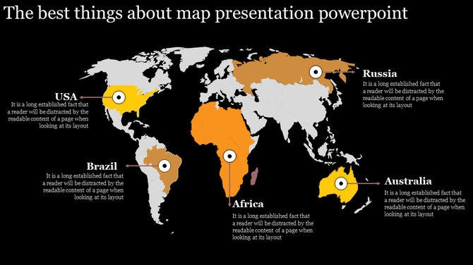 Map slide displaying USA, Brazil, Africa, Russia, and Australia in yellow and orange, connected to labels and caption areas.