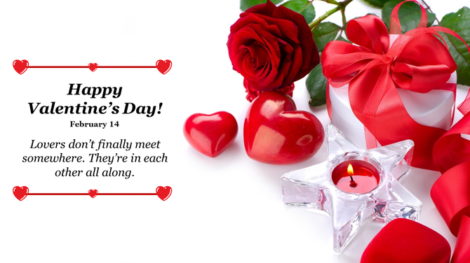 Valentine's Day themed PowerPoint background with red hearts, a rose, a gift box, and a lit candle.