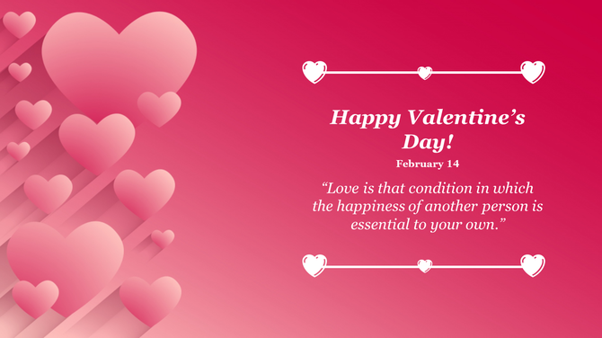 Valentine's Day PowerPoint background with a gradient pink backdrop and hearts in varying sizes with a romantic quote.