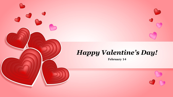 Valentine's day card design with layered red hearts and scattered pink and red hearts on a gradient pink background.