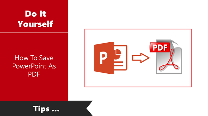 Guide on saving a PowerPoint presentation as a PDF file with icons of PowerPoint and PDF.