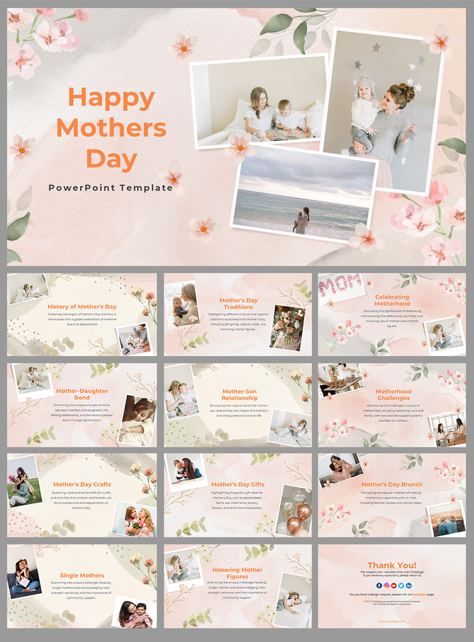 Soft pink floral themed slides with images of mothers and children, celebrating traditions and motherhood.