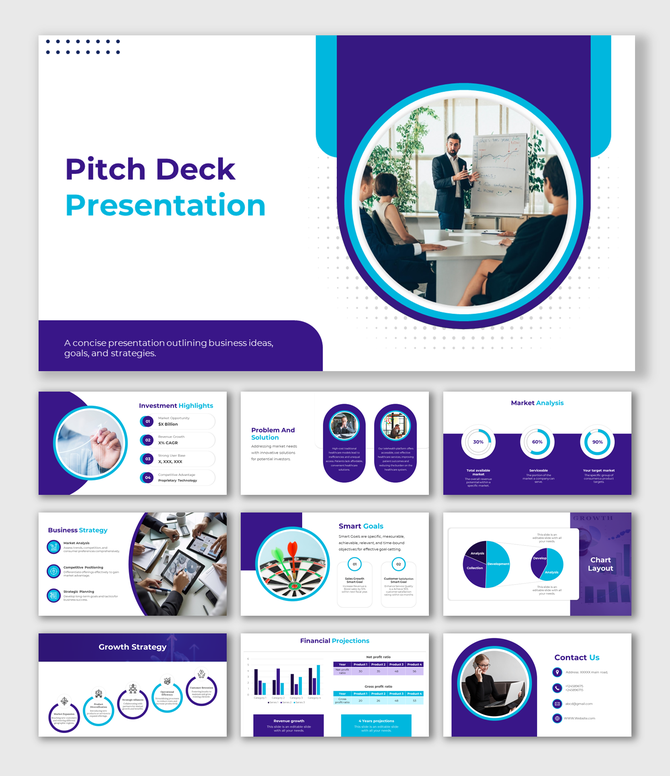 Professional slide deck with circular and linear design elements in blue and purple, highlighting business concepts.
