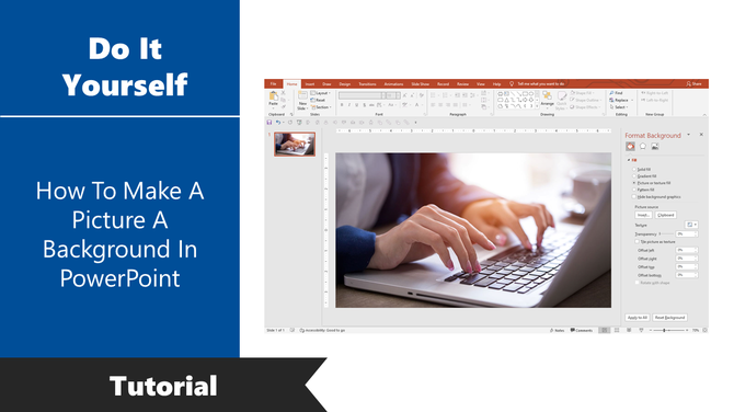 PowerPoint tutorial showing how to set a picture as a background, with the format background menu open on a blue theme.