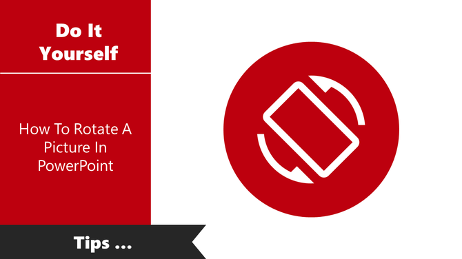 Tutorial on rotating a picture in PowerPoint, featuring a red circular icon with a rotation symbol.