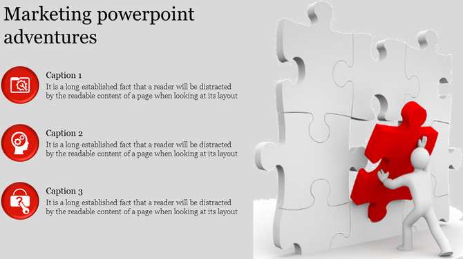 Slide with a 3D figure placing a red puzzle piece into a white wall, and three icons and captions on the left.