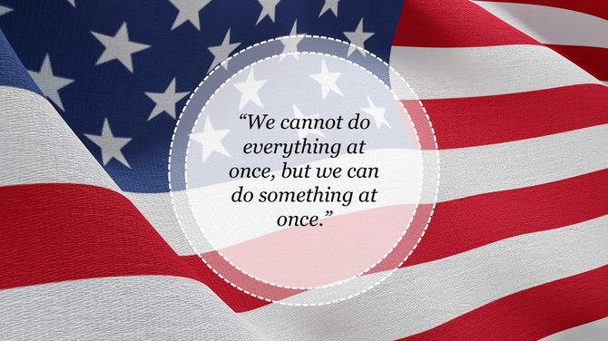 Waving American flag background with a stitched circle overlay in center containing an inspirational quote in serif font.