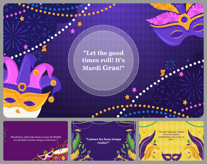 Mardi Gras slide featuring a purple and gold jester mask, feathered mask, and colorful dotted borders, with a central text.
