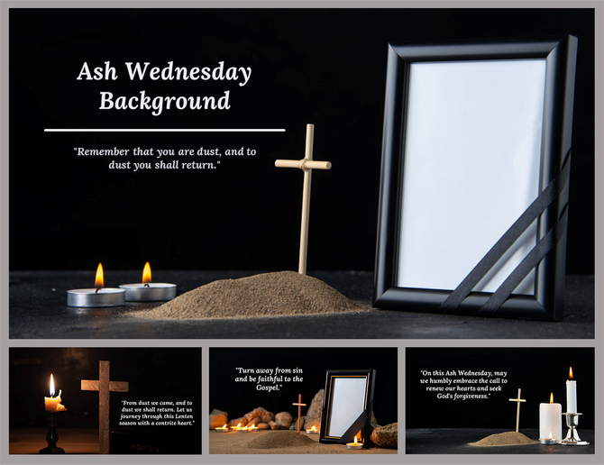 Ash Wednesday background slides featuring a cross, candles, and a framed space with quotes on a dark theme.