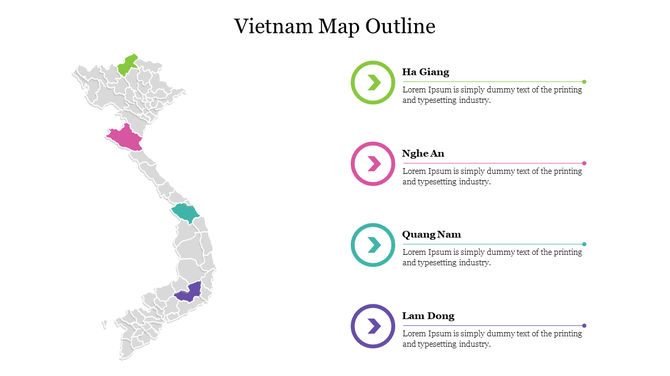 Map of Vietnam with four highlighted areas in green, pink, blue, and purple, each with corresponding icons.