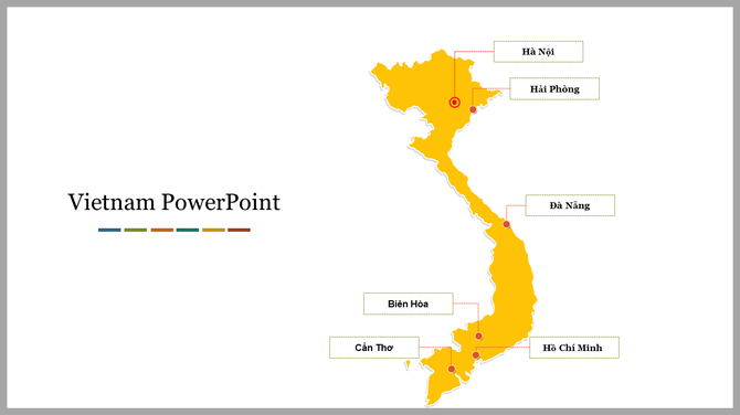 Vietnam map highlighted in yellow, featuring labels for major cities and red location markers.