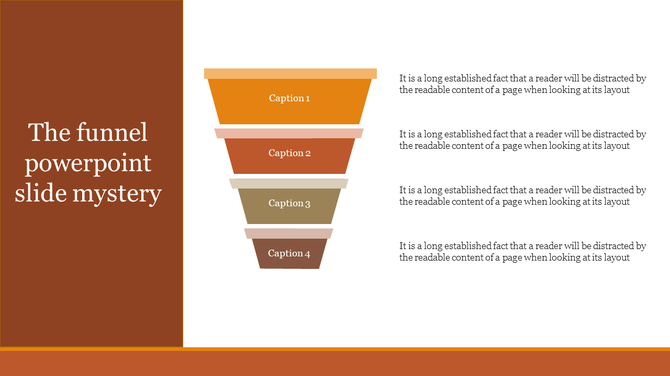 Funnel diagram with four colored sections and captions on the right, alongside a brown sidebar with the title.