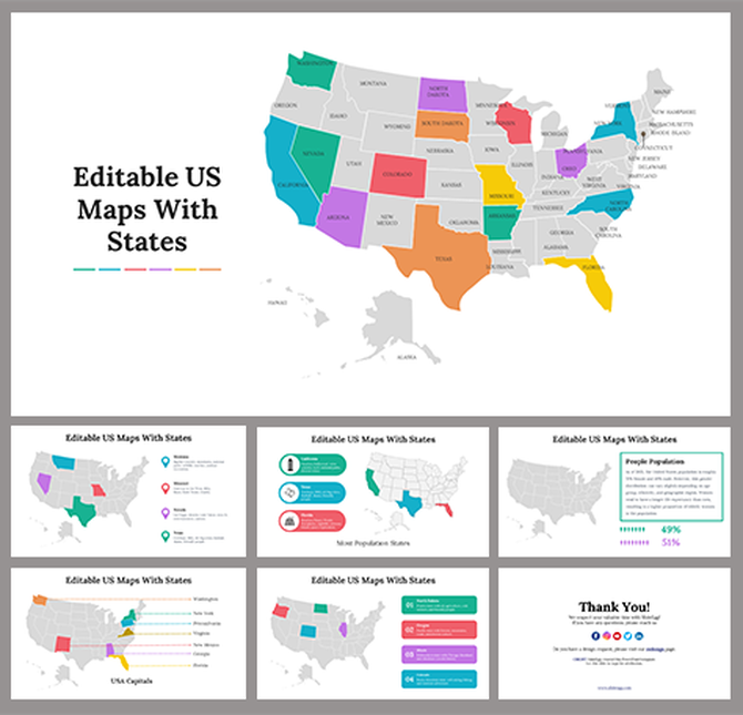 Slide deck with white backgrounds featuring colorful, editable US state maps and population data in various colors.