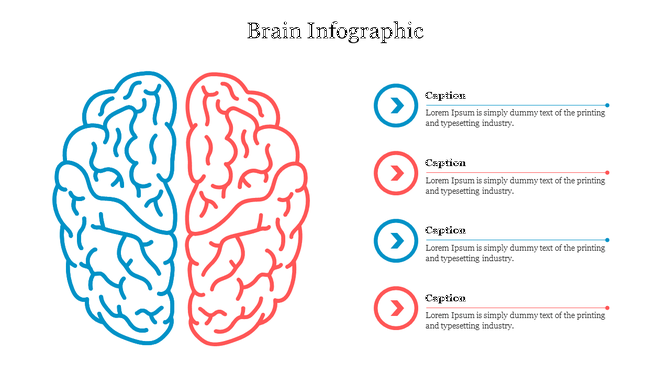 Brain infographic with two hemispheres in blue and red, each labeled with a  a placeholder text placed in a white background.