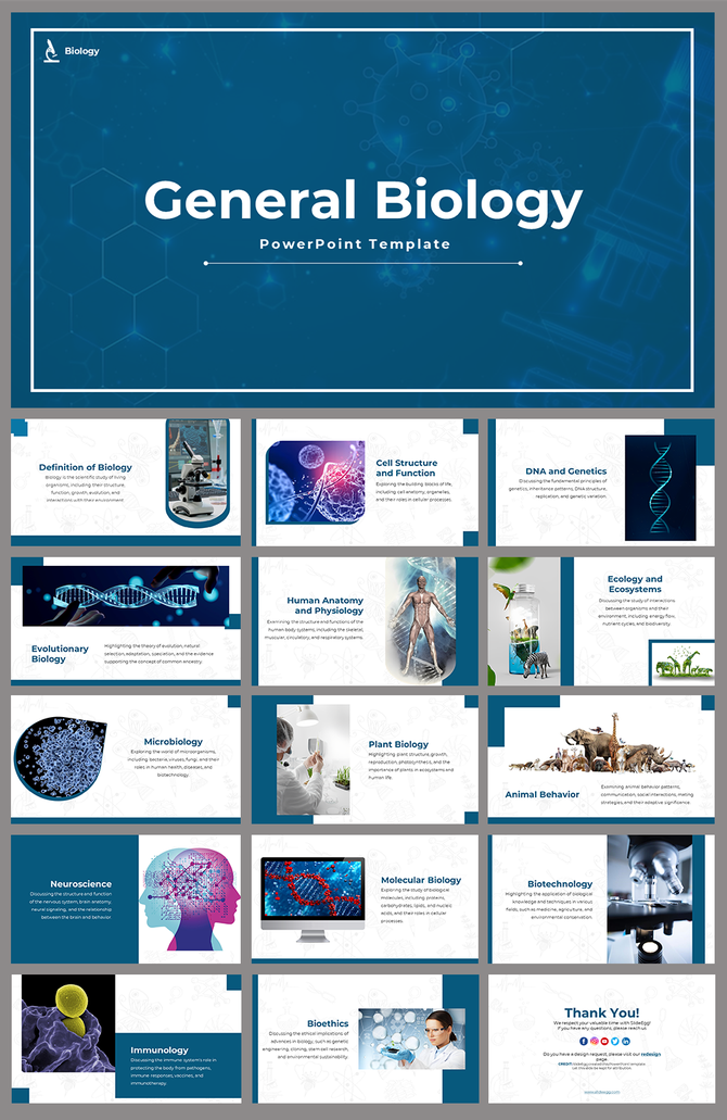A cover slide deck on general bio topics like cell structure, genetics, anatomy, microbiology, and bioethics.