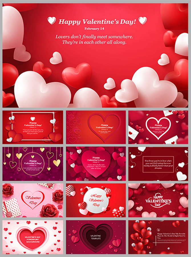 Collage of Valentine's Day themed PowerPoint slide designs featuring hearts, roses, and romantic red tones.