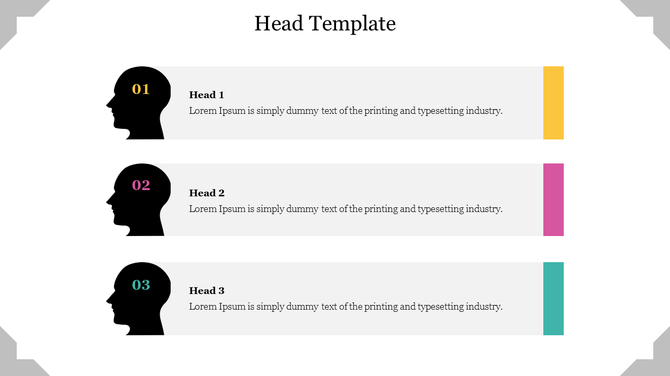 Three profile head silhouettes facing left, numbered 01 to 03 with colored bars on the right and text captions.