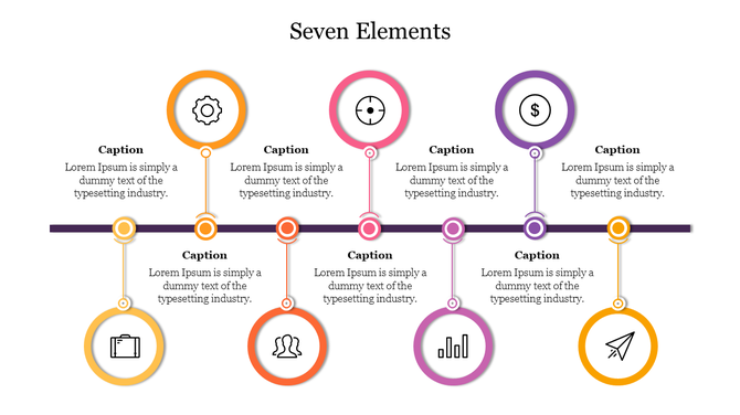 Seven colorful circular icons representing different elements, each connected to a caption text area.
