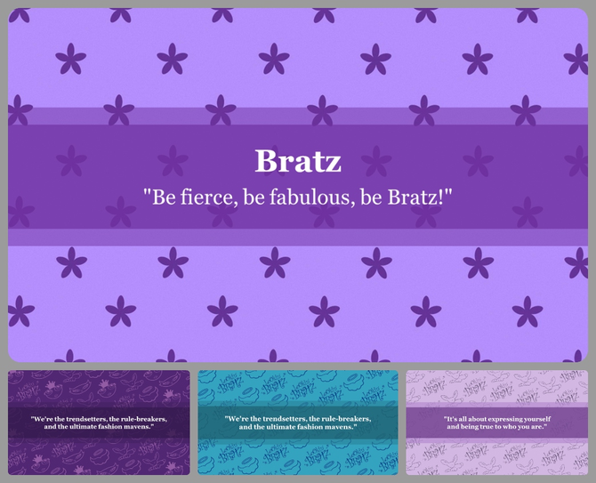 Bratz themed slides with a vibrant floral background and empowering quotes.