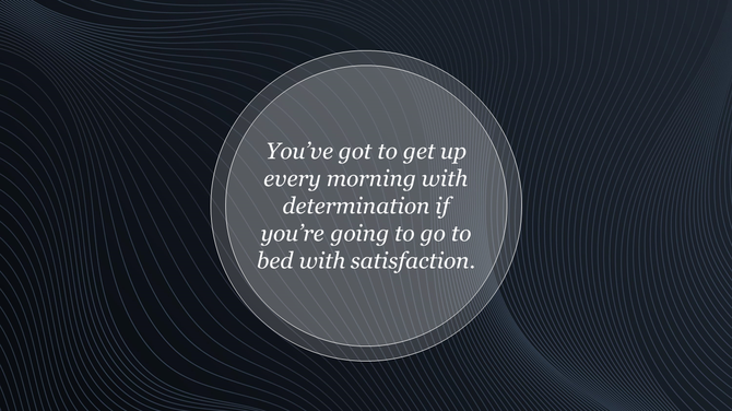 Circular quote graphic with motivational text, placed over a modern dark background with flowing lines.