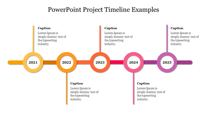 A colorful PowerPoint timeline featuring five years 2021 to 2025 with captions for each year and corresponding icons.