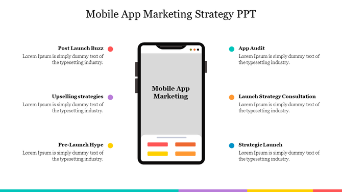 Mobile app marketing strategy slide with a central phone illustration and surrounding points with placeholder text.