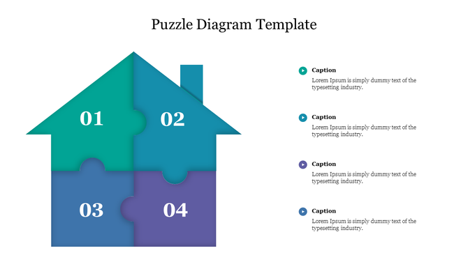 Puzzle diagram shaped like a house with segments labeled 01 to 04 in colors, each linked to matching bullet point captions.