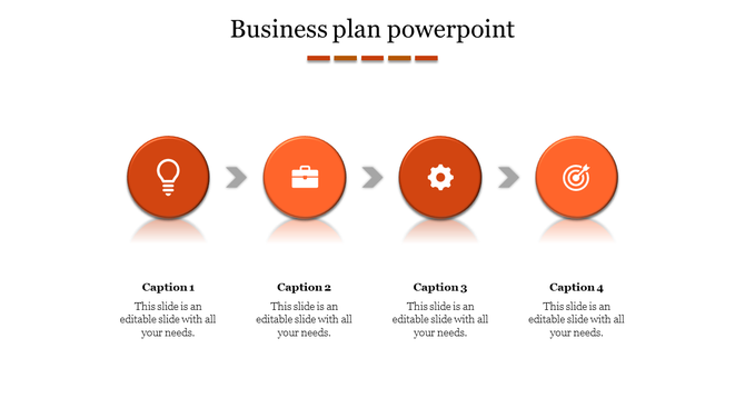 Four step business plan slide featuring reflective orange icons linked by gray arrows and captions below each icon.