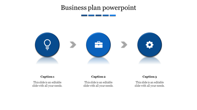 Business plan slide with three blue circular icons, light gray arrows, and captions below, on a white background.