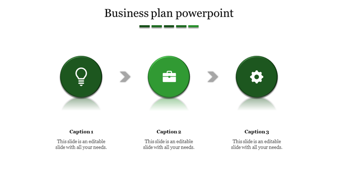 Business plan PPT slide with green icons representing key steps ideation, planning, and development, linked by arrows.
