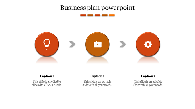 Three step process slide with orange circles and gray directional arrows, on a white background.