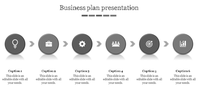 Business plan PPT slide with six gray circular sections representing stages in a business process, connected by arrows.