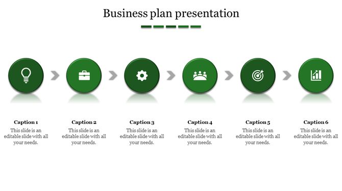 Business slide showcasing six green circular shapes in a row, representing steps, with arrows and captions underneath.