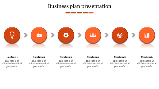 Linear business plan infographic with six orange circular icons connected by arrows, representing sequential process steps.
