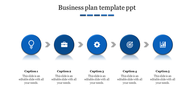 Slide with fIve blue circles representing steps and reflective effects, connected by gray directional arrows.