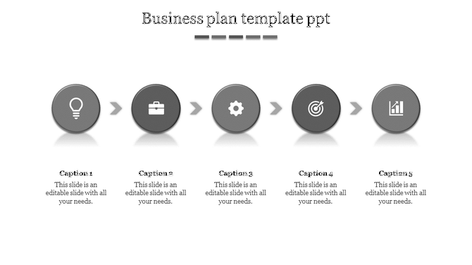 Business strategy infographic with five grey circles illustrating key stages, aligned in a row with captions below.