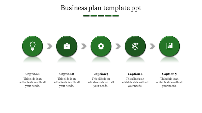 Business plan PPT slide with five green circles, each containing icons, connected by arrows with captions.