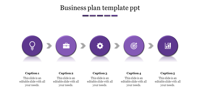 Step by step business plan infographic with five purple circles, each containing an icon, linked by gray arrows.