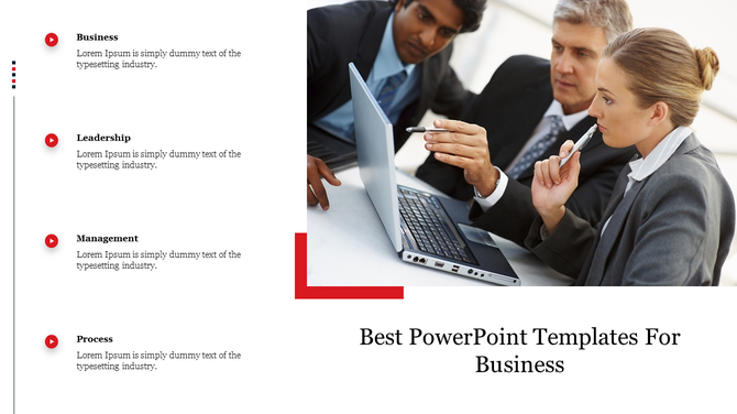 Business PowerPoint template showcasing four categories with a team working on a laptop on a white backdrop with a text area.
