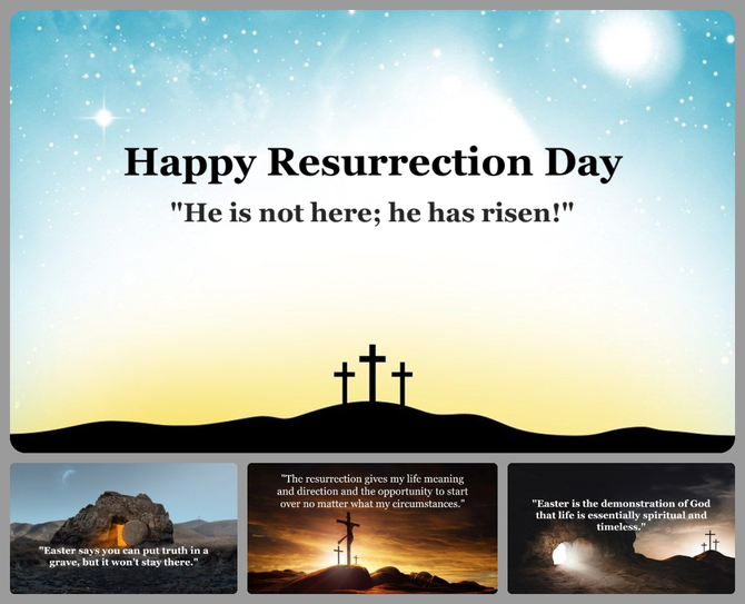 Resurrection day slide with a sunrise sky, three crosses on a hill, and inspirational quotes at the bottom.