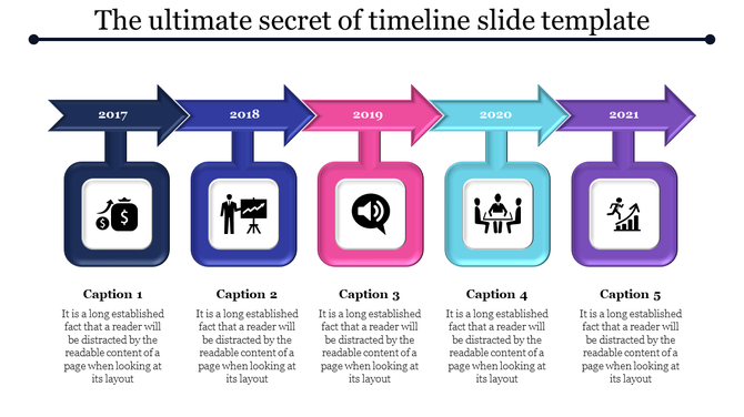 Multi-colored timeline with arrows and icon boxes for years 2017 through 2021, highlighting key events and milestones.
