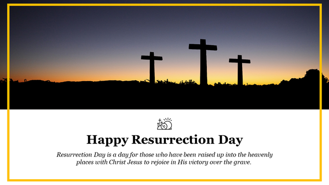 Resurrection slide with three crosses at sunrise and a message celebrating the victory of christ over the grave.