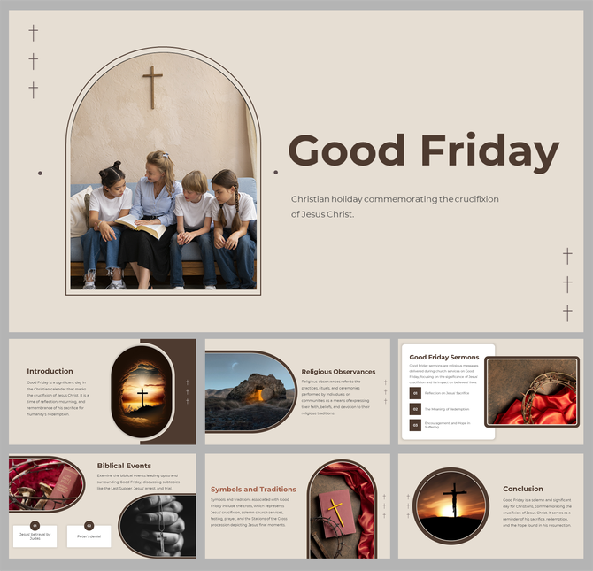Good Friday PowerPoint slides with an introduction to the Christian holiday, featuring key themes and symbolic imagery.