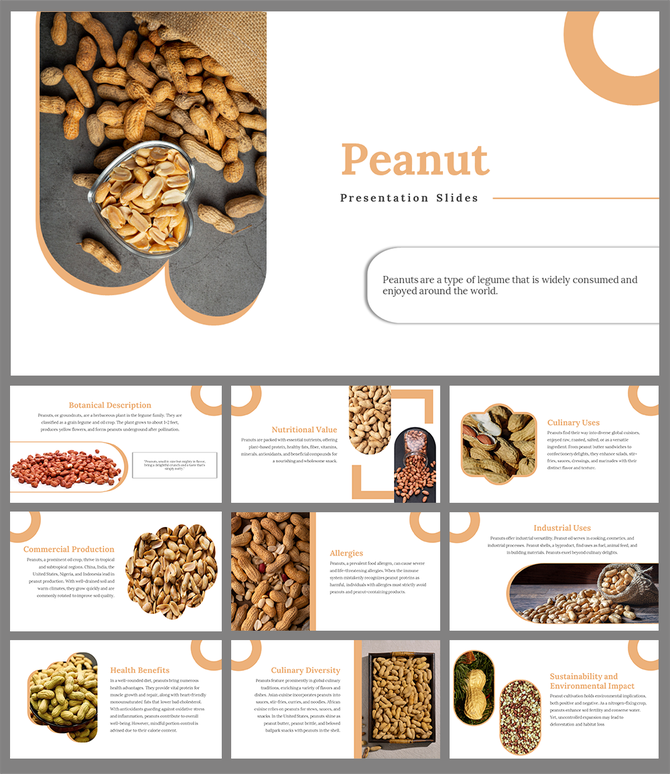 A pack of peanut slides featuring various topics with text descriptions.