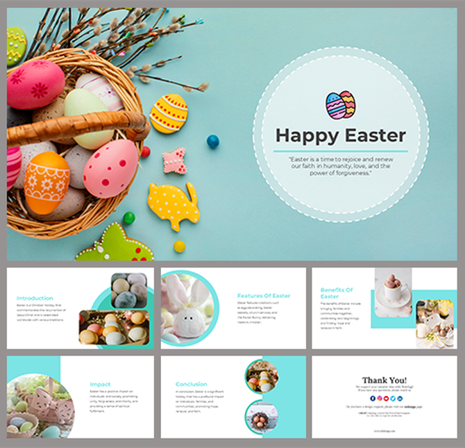 A pack of colorful easter themed slides featuring a basket of decorated eggs and various topic sections.