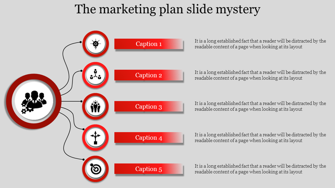 Marketing plan PPT slide with five steps connected to a central image of a team working together with placeholder text.