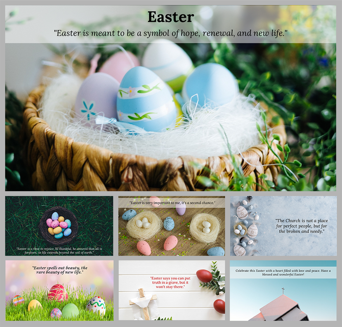 Collection of Easter themed PowerPoint background slides featuring colorful eggs, a woven basket, and uplifting quotes.
