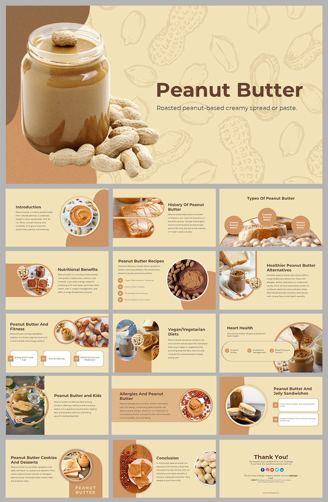 Peanut butter slides showcasing nutritional benefits, recipes, fitness, and health facts about roasted peanut based spread.